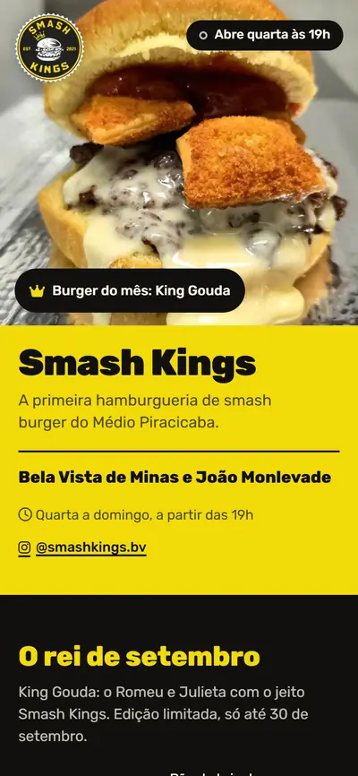 Página BIO PRIME da Smash Kings, com o burger do mês e o nome da hamburgueria